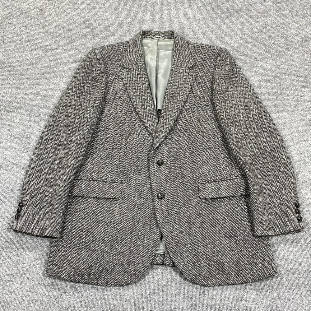 Harris Tweed Sport‎ Coat Mens 44 Gray Herringbone Wool Two Button Lined